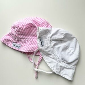 Two (2) Flap Happy Bucket Hats: White + Pink Stripe Seersucker
